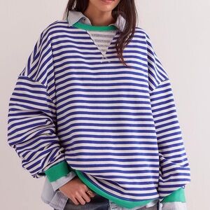 We The Free Navy and White Striped Tee with Teal Trim